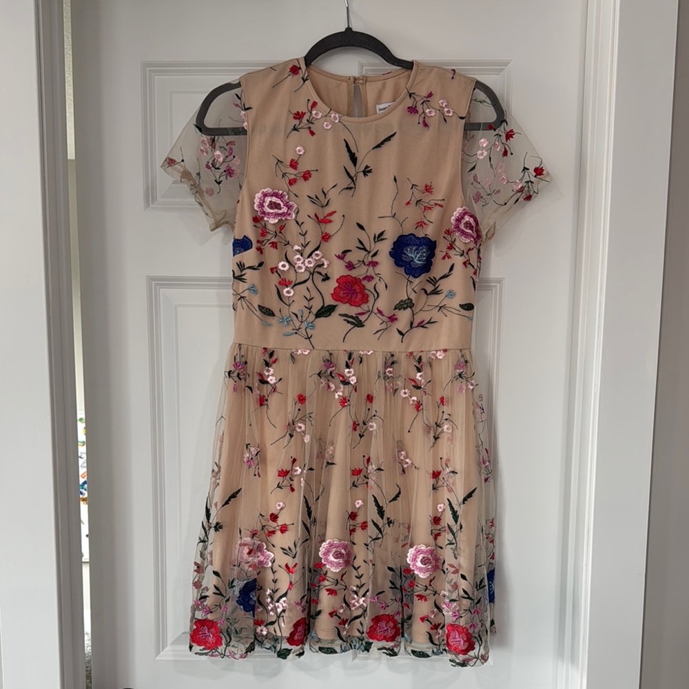 Tan Floral Embroidered Spring Dress- Multicolor Medium